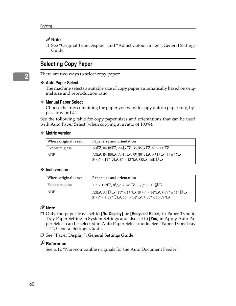Selecting copy paper, Auto paper select, Manual paper select | Metric version ❖ inch version | Ricoh Aficio MP C2000 User Manual | Page 82 / 206