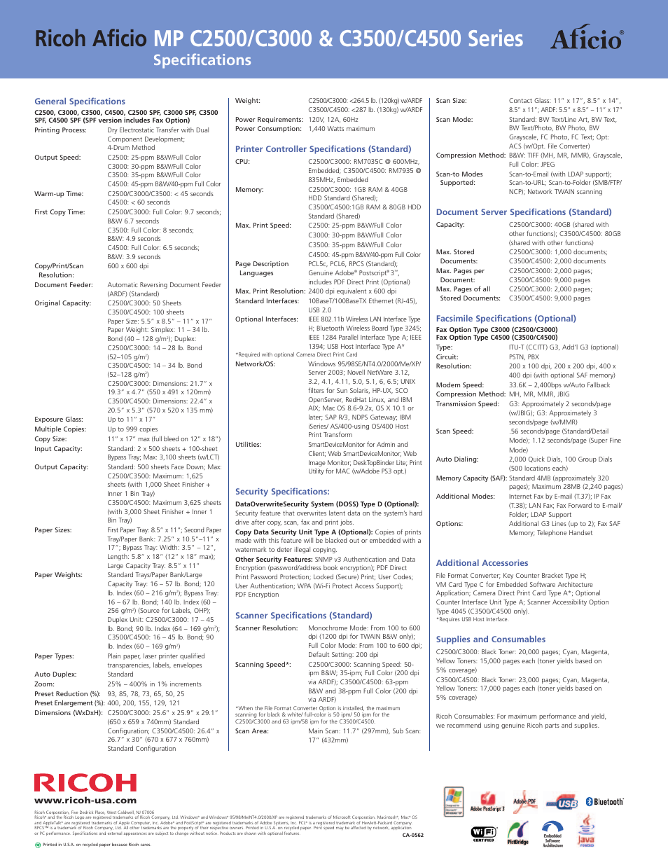 Specifications | Ricoh Aficio MP C2500 Series User Manual | Page 8 / 8