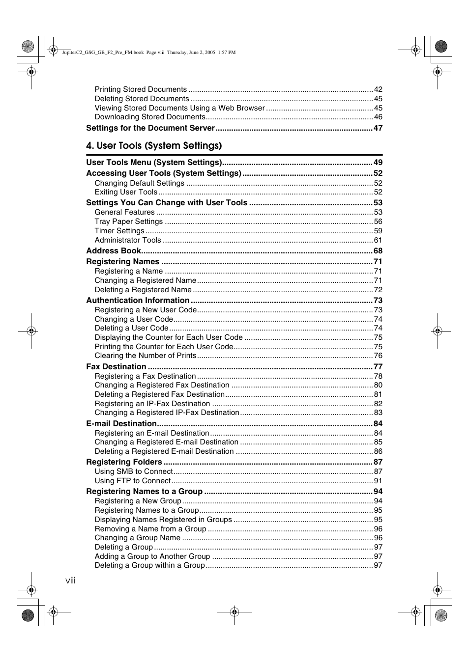 User tools (system settings) | Ricoh Aficio 3235C User Manual | Page 10 / 192