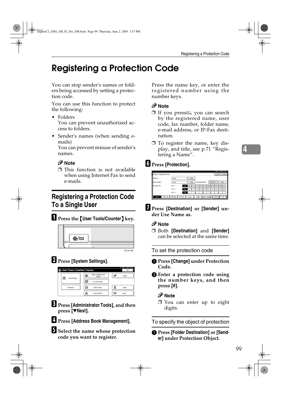 4registering a protection code, Registering a protection code to a single user | Ricoh Aficio 3235C User Manual | Page 111 / 192