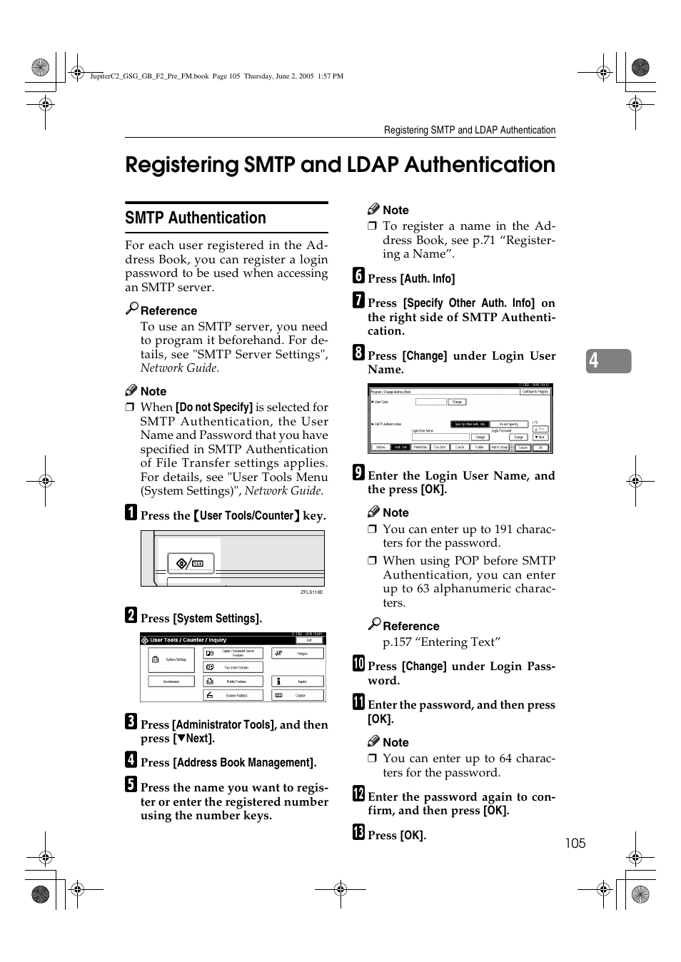 4registering smtp and ldap authentication, Smtp authentication | Ricoh Aficio 3235C User Manual | Page 117 / 192