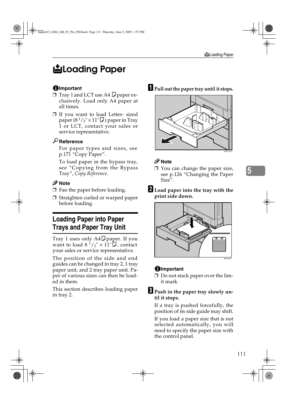 Loading paper into paper trays and paper tray unit | Ricoh Aficio 3235C User Manual | Page 123 / 192