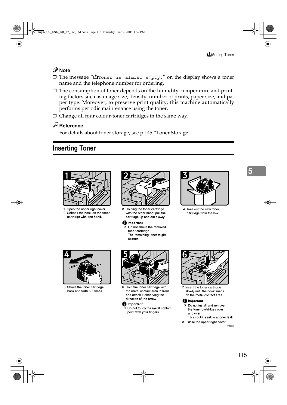 Inserting toner | Ricoh Aficio 3235C User Manual | Page 127 / 192