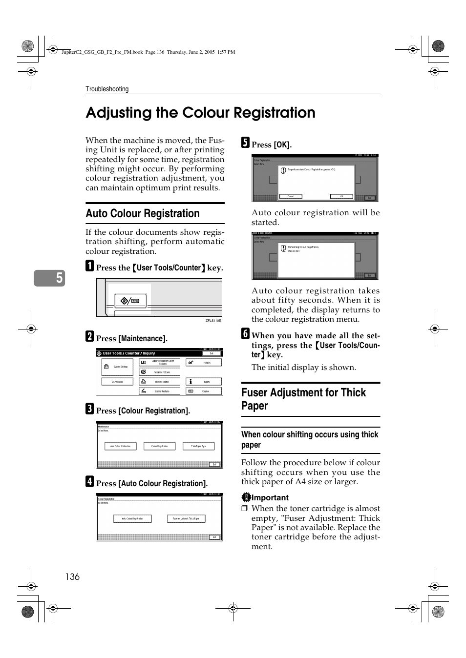 5adjusting the colour registration, Auto colour registration, Fuser adjustment for thick paper | Ricoh Aficio 3235C User Manual | Page 148 / 192