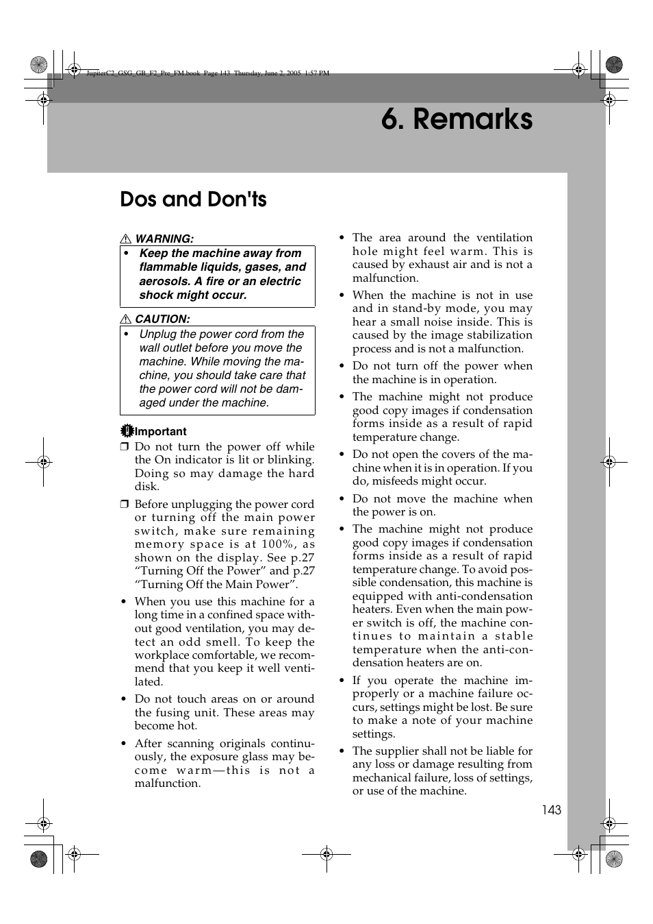 Remarks, Dos and don'ts | Ricoh Aficio 3235C User Manual | Page 155 / 192