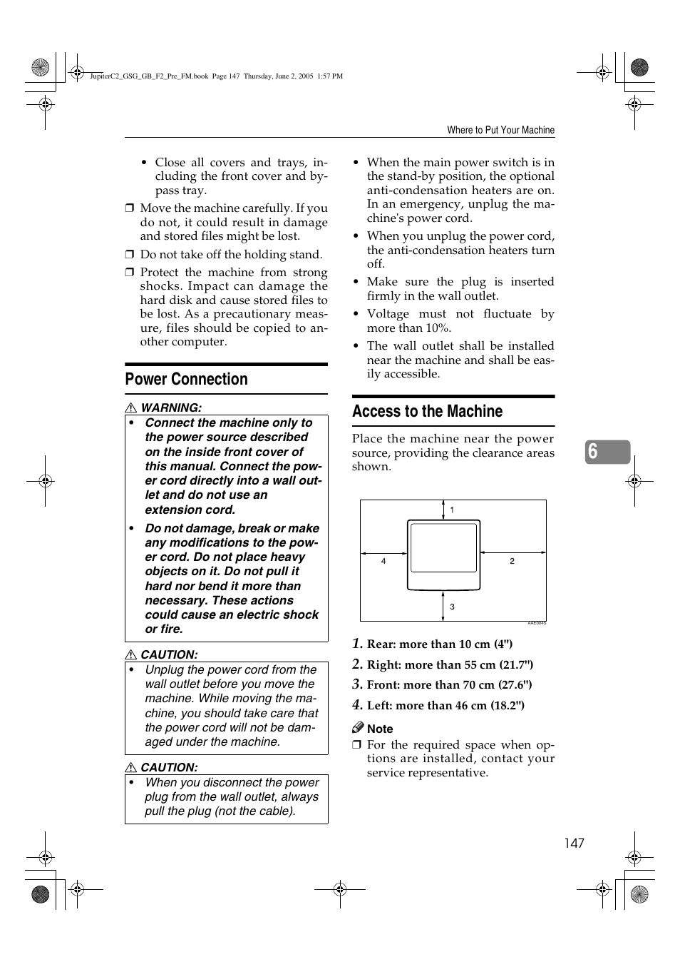 Power connection, Access to the machine | Ricoh Aficio 3235C User Manual | Page 159 / 192