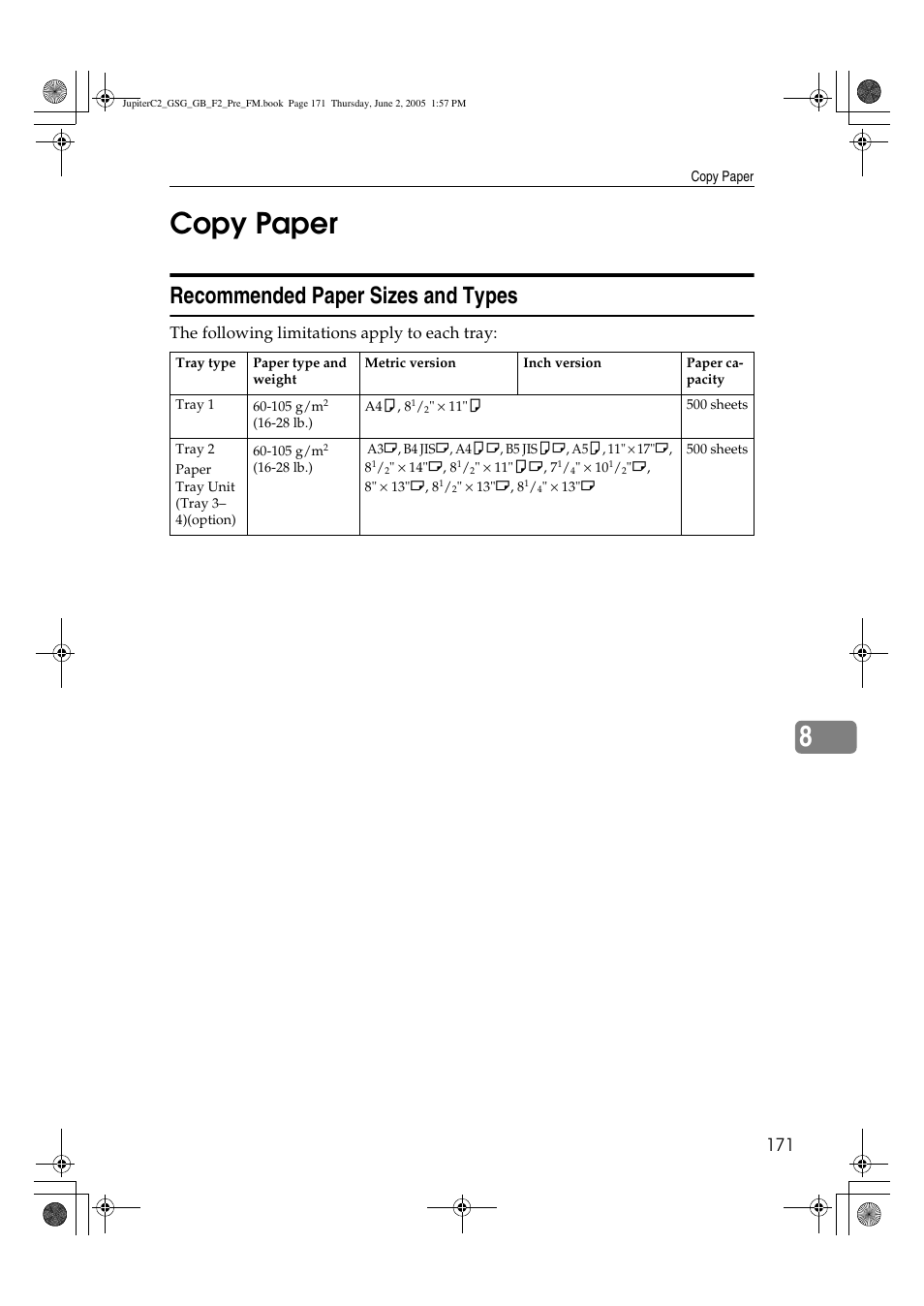 8copy paper, Recommended paper sizes and types, The following limitations apply to each tray | Ricoh Aficio 3235C User Manual | Page 183 / 192