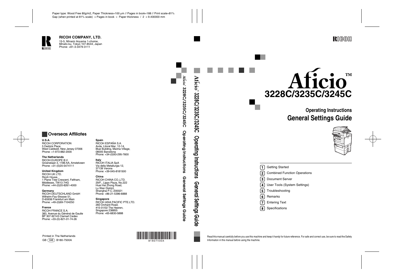 General settings guide, Operating instructions | Ricoh Aficio 3235C User Manual | Page 192 / 192