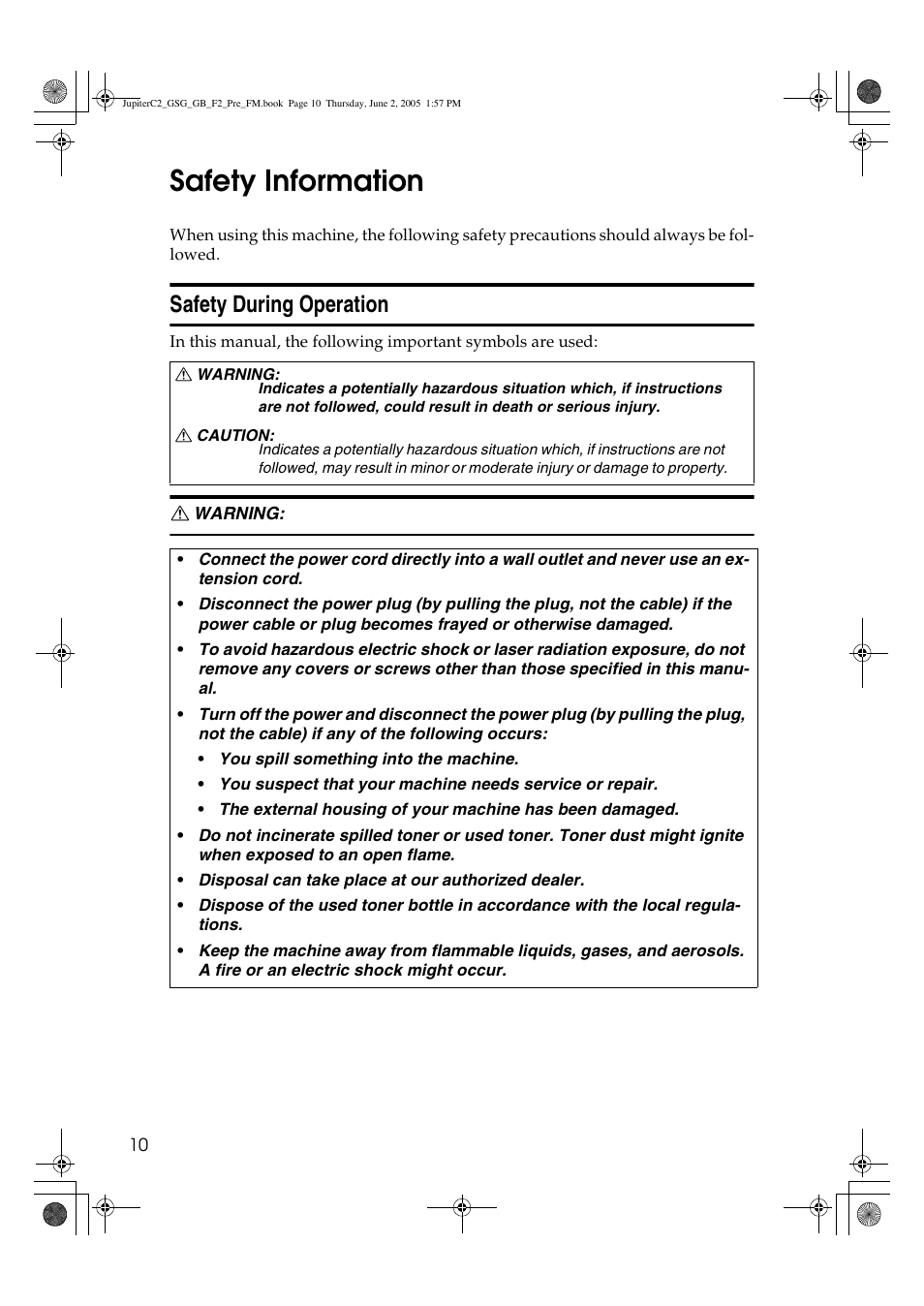 Safety information, Safety during operation | Ricoh Aficio 3235C User Manual | Page 22 / 192