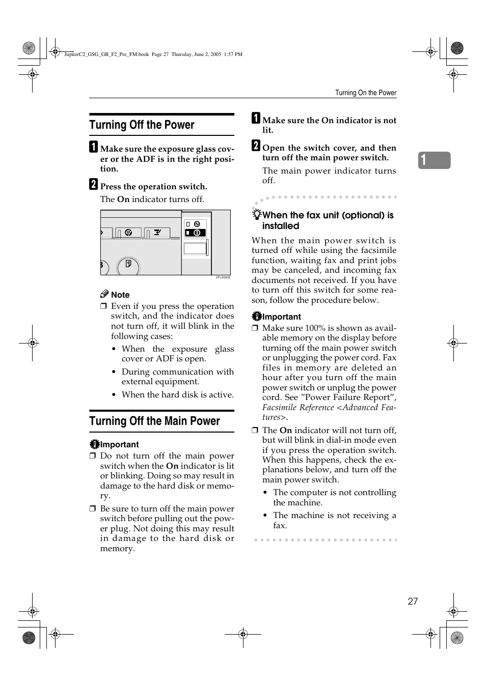 Turning off the power, Turning off the main power | Ricoh Aficio 3235C User Manual | Page 39 / 192
