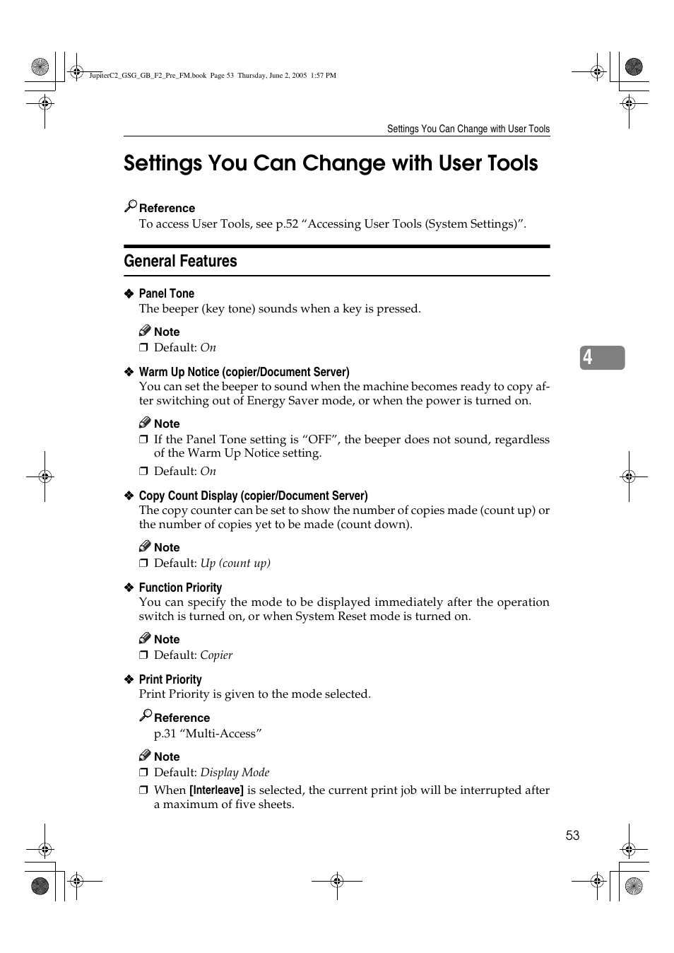 4settings you can change with user tools, General features | Ricoh Aficio 3235C User Manual | Page 65 / 192