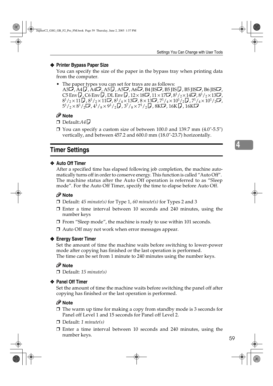 Timer settings | Ricoh Aficio 3235C User Manual | Page 71 / 192