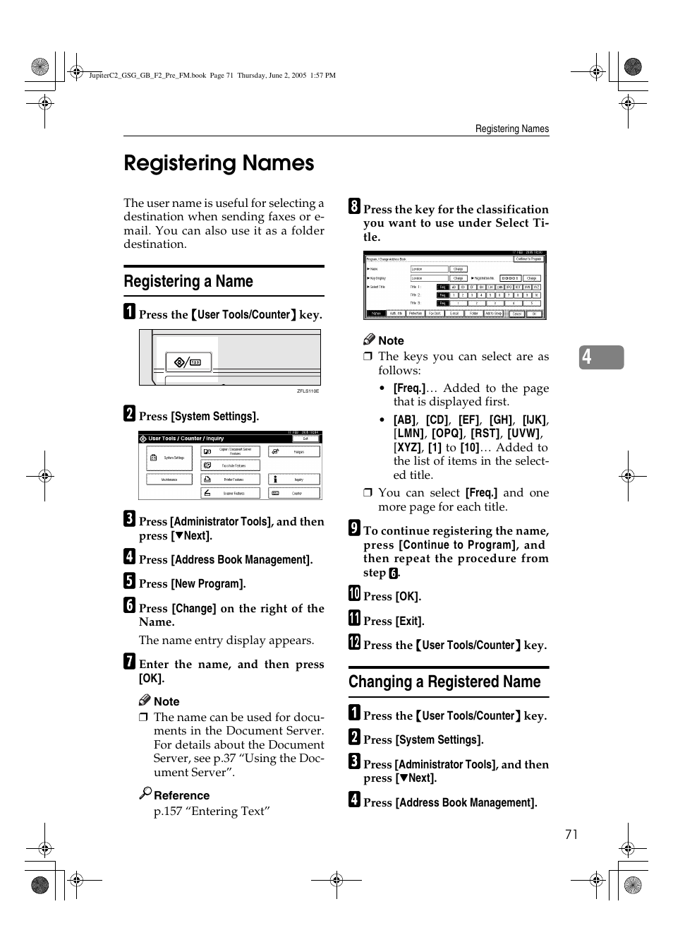 4registering names, Registering a name, Changing a registered name | Ricoh Aficio 3235C User Manual | Page 83 / 192