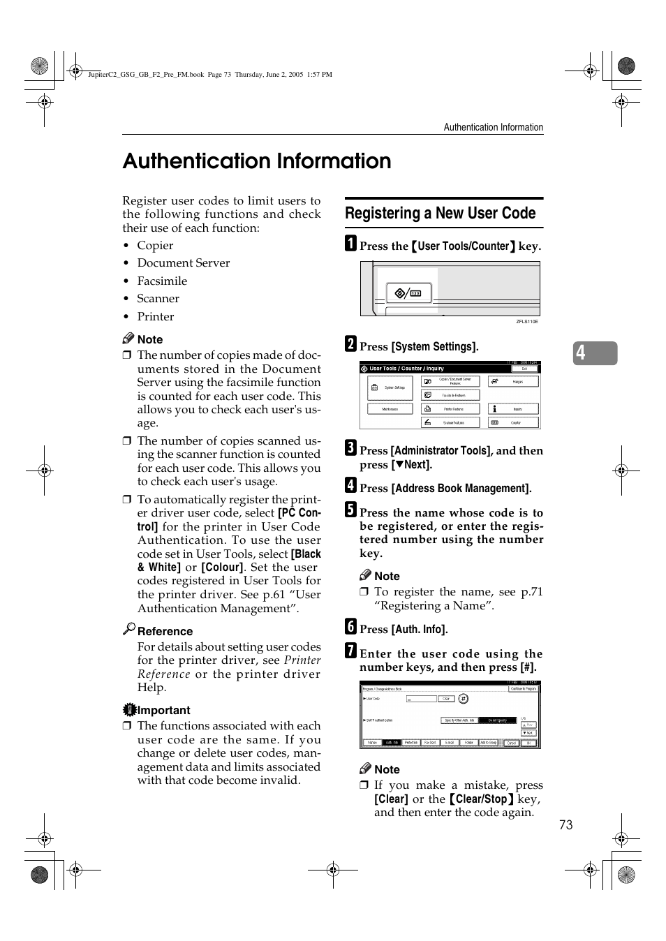 4authentication information, Registering a new user code | Ricoh Aficio 3235C User Manual | Page 85 / 192
