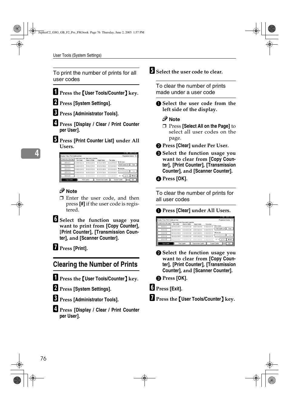 Clearing the number of prints | Ricoh Aficio 3235C User Manual | Page 88 / 192