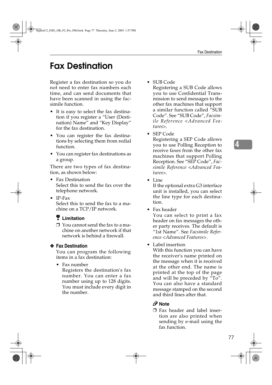 4fax destination | Ricoh Aficio 3235C User Manual | Page 89 / 192