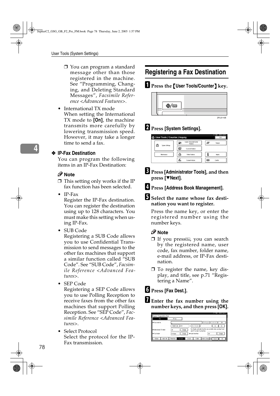 Registering a fax destination | Ricoh Aficio 3235C User Manual | Page 90 / 192
