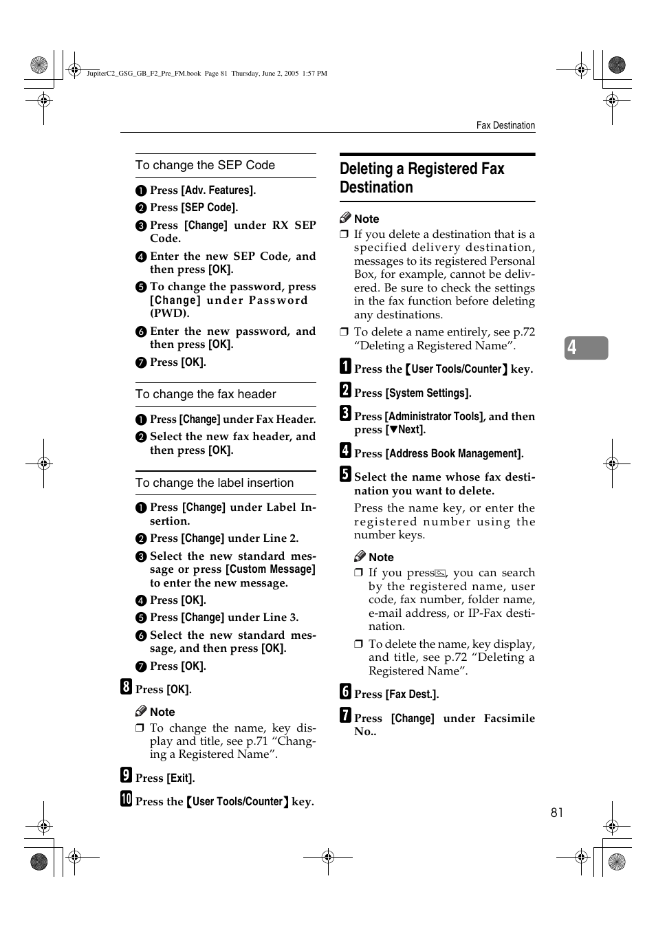 Deleting a registered fax destination | Ricoh Aficio 3235C User Manual | Page 93 / 192