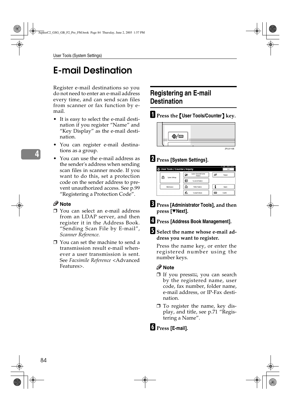4e-mail destination, Registering an e-mail destination | Ricoh Aficio 3235C User Manual | Page 96 / 192