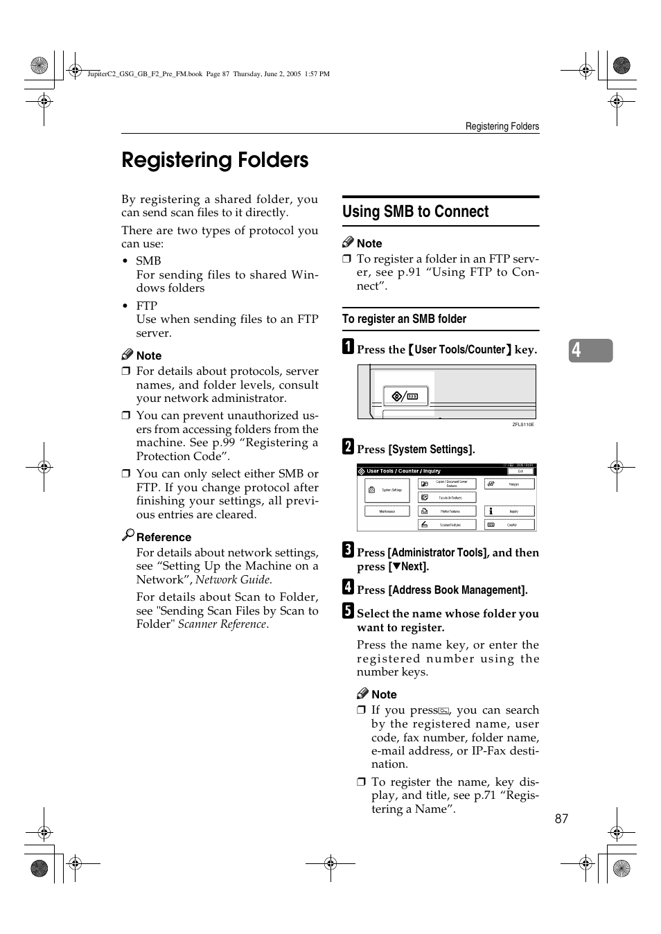 4registering folders, Using smb to connect | Ricoh Aficio 3235C User Manual | Page 99 / 192