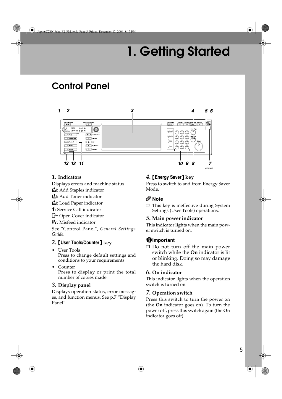 Getting started, Control panel | Ricoh Aficio 3235C  EN User Manual | Page 11 / 168