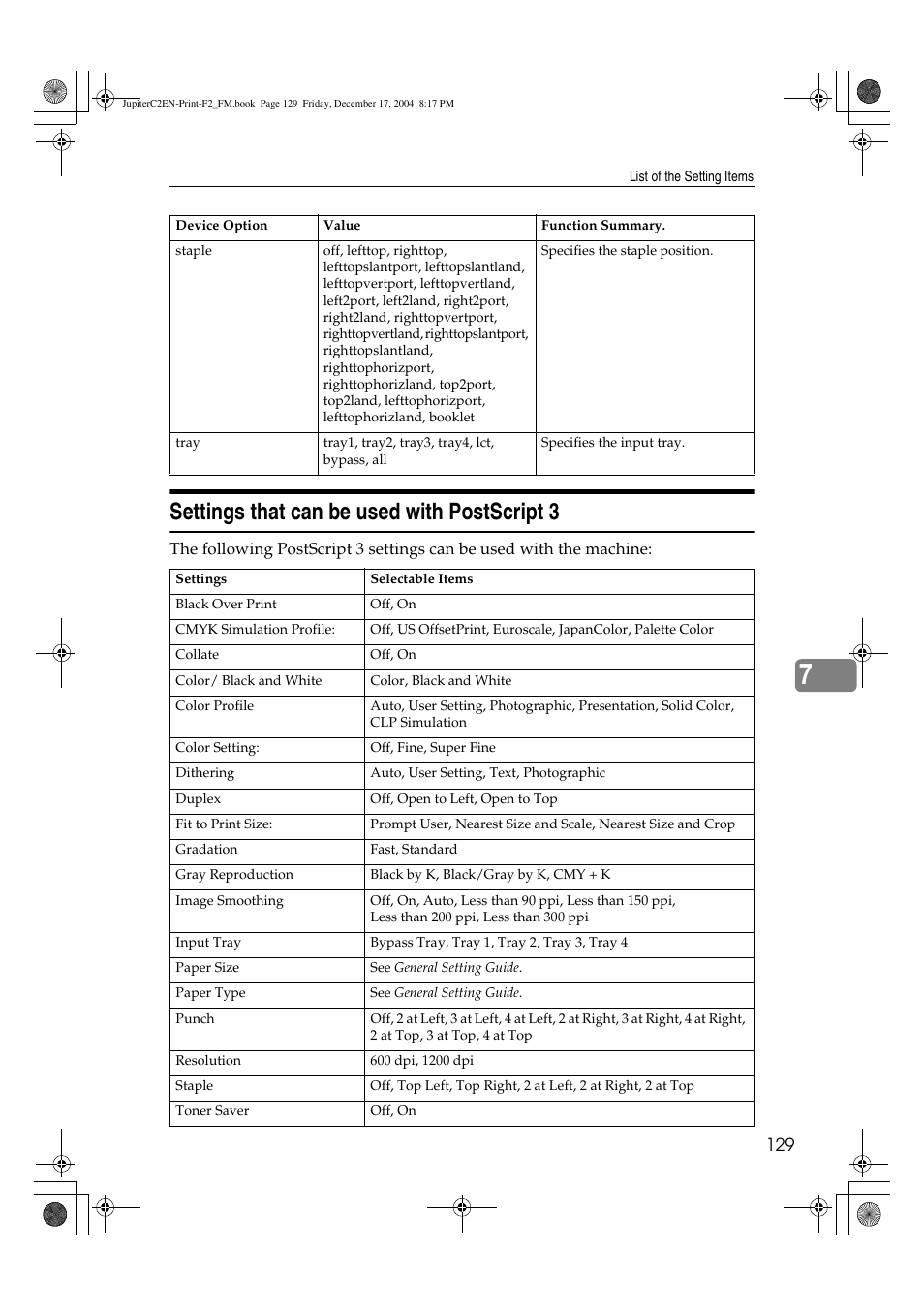 Settings that can be used with postscript 3 | Ricoh Aficio 3235C  EN User Manual | Page 135 / 168