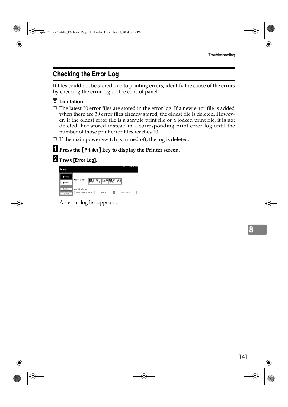 Checking the error log | Ricoh Aficio 3235C  EN User Manual | Page 147 / 168