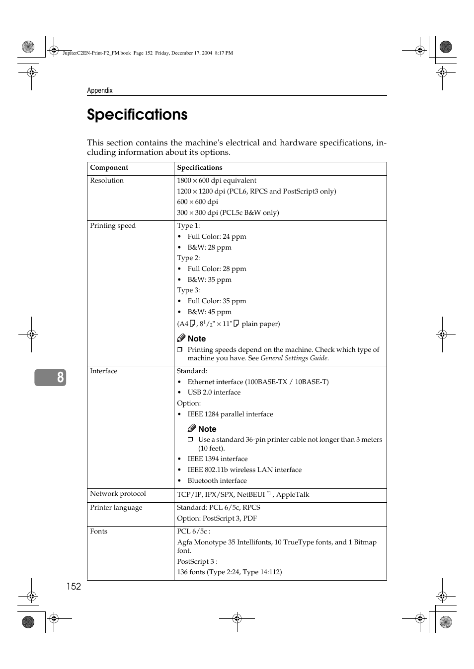 8specifications | Ricoh Aficio 3235C  EN User Manual | Page 158 / 168