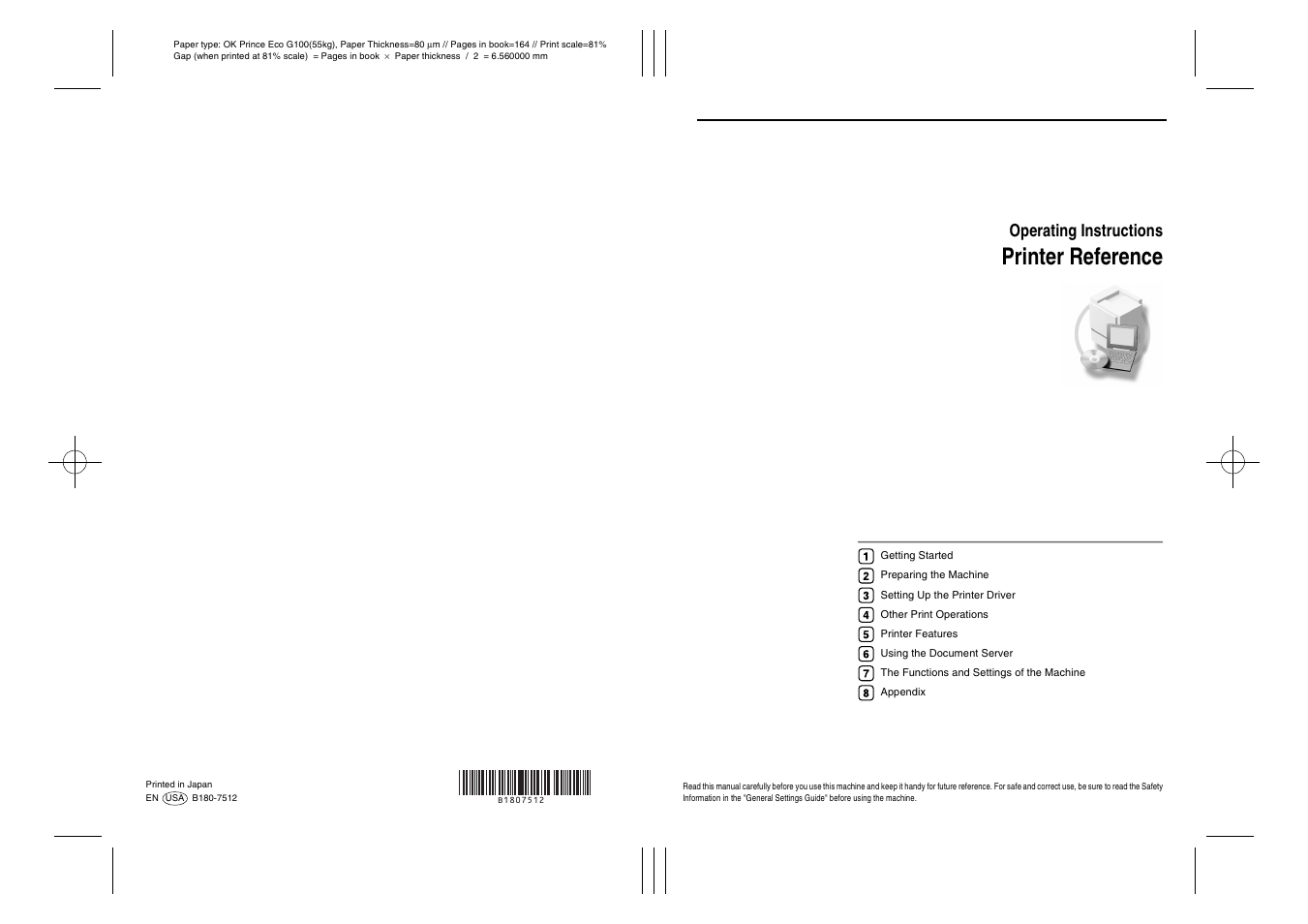 Printer reference, Operating instructions | Ricoh Aficio 3235C  EN User Manual | Page 168 / 168