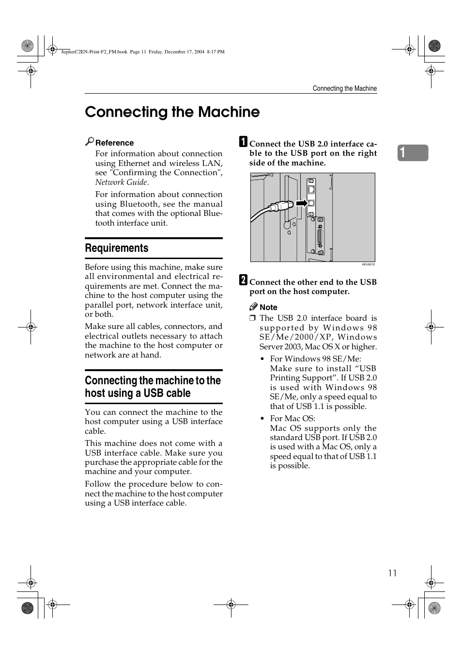 1connecting the machine, Requirements | Ricoh Aficio 3235C  EN User Manual | Page 17 / 168