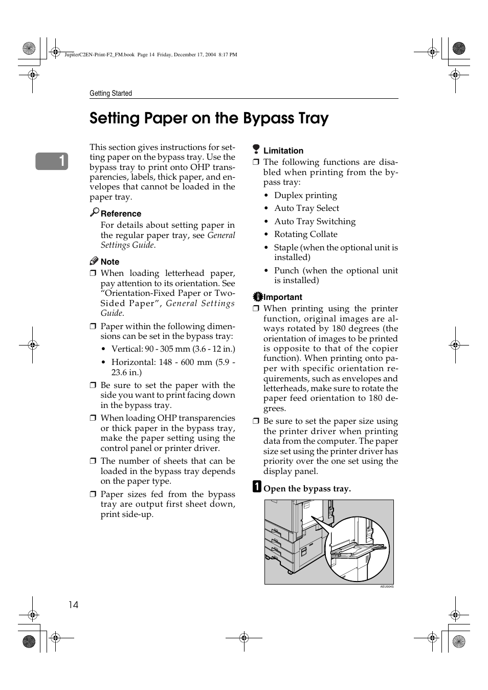 1setting paper on the bypass tray | Ricoh Aficio 3235C  EN User Manual | Page 20 / 168