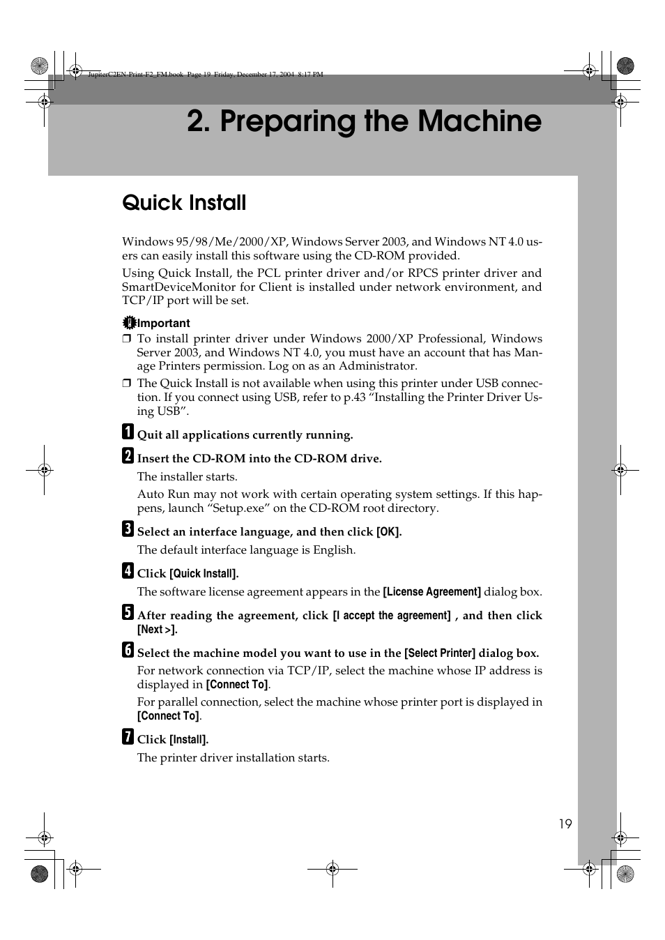 Preparing the machine, Quick install | Ricoh Aficio 3235C  EN User Manual | Page 25 / 168