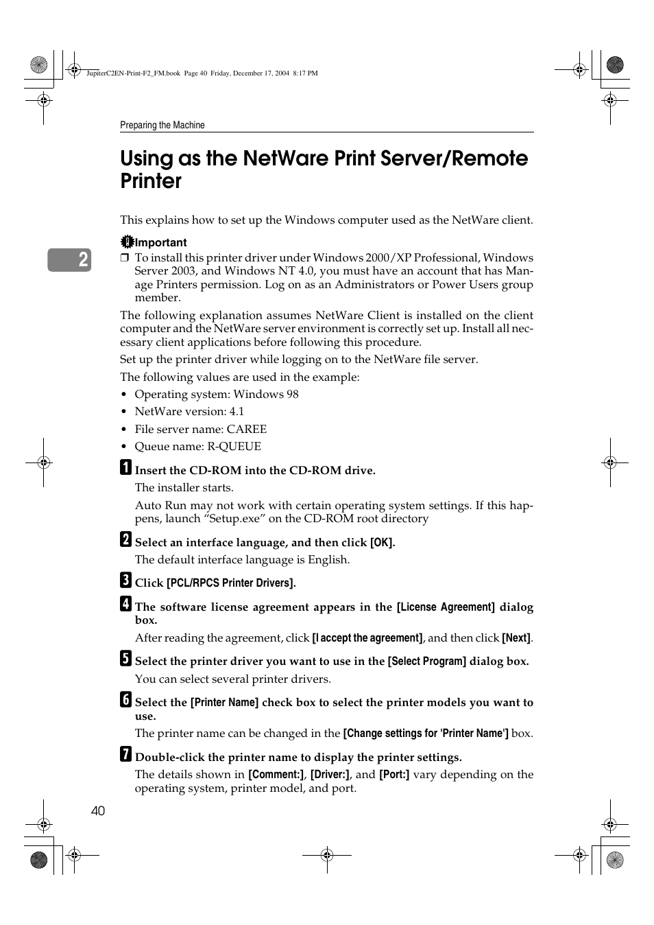 2using as the netware print server/remote printer | Ricoh Aficio 3235C  EN User Manual | Page 46 / 168
