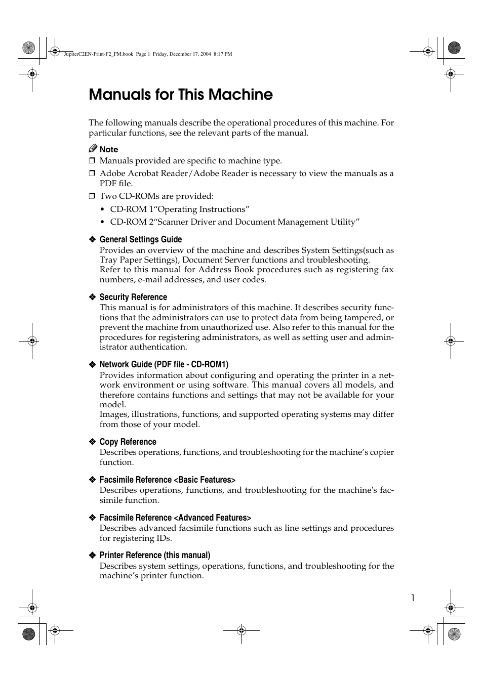 Manuals for this machine | Ricoh Aficio 3235C  EN User Manual | Page 7 / 168