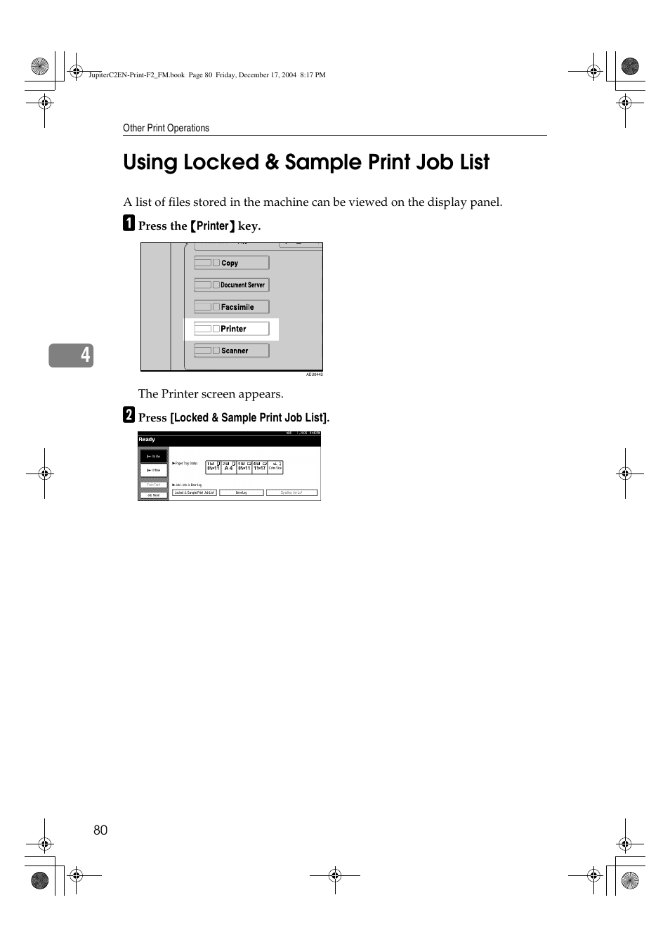 4using locked & sample print job list | Ricoh Aficio 3235C  EN User Manual | Page 86 / 168