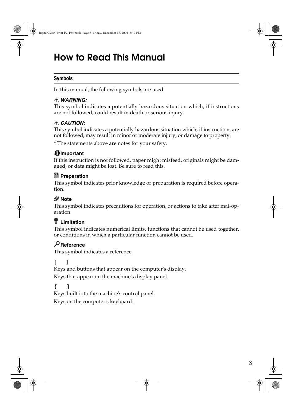 How to read this manual | Ricoh Aficio 3235C  EN User Manual | Page 9 / 168