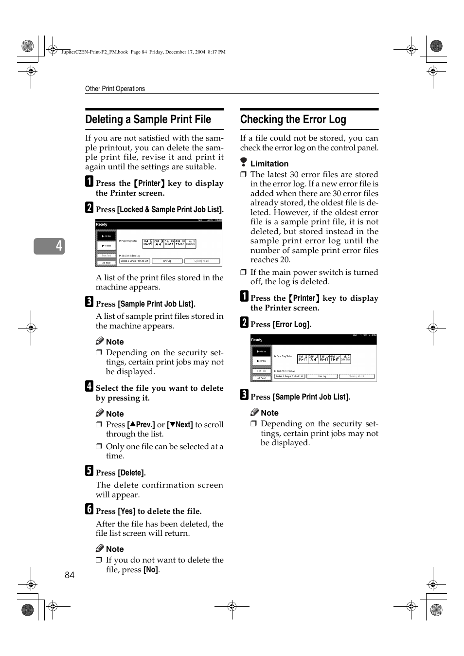 Deleting a sample print file, Checking the error log | Ricoh Aficio 3235C  EN User Manual | Page 90 / 168