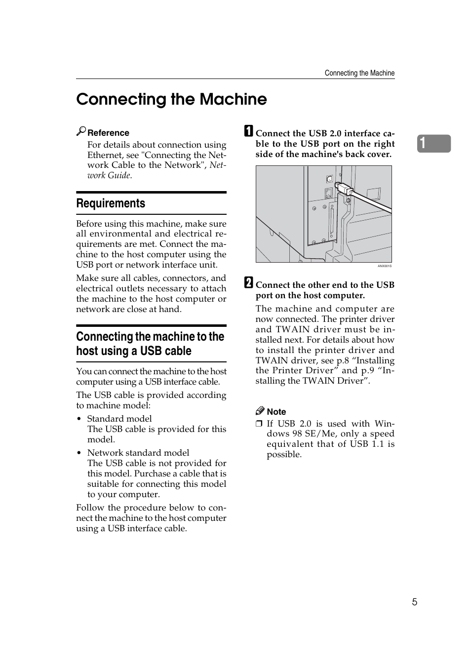 Connecting the machine, Requirements, 1connecting the machine | Ricoh DDST A User Manual | Page 11 / 56