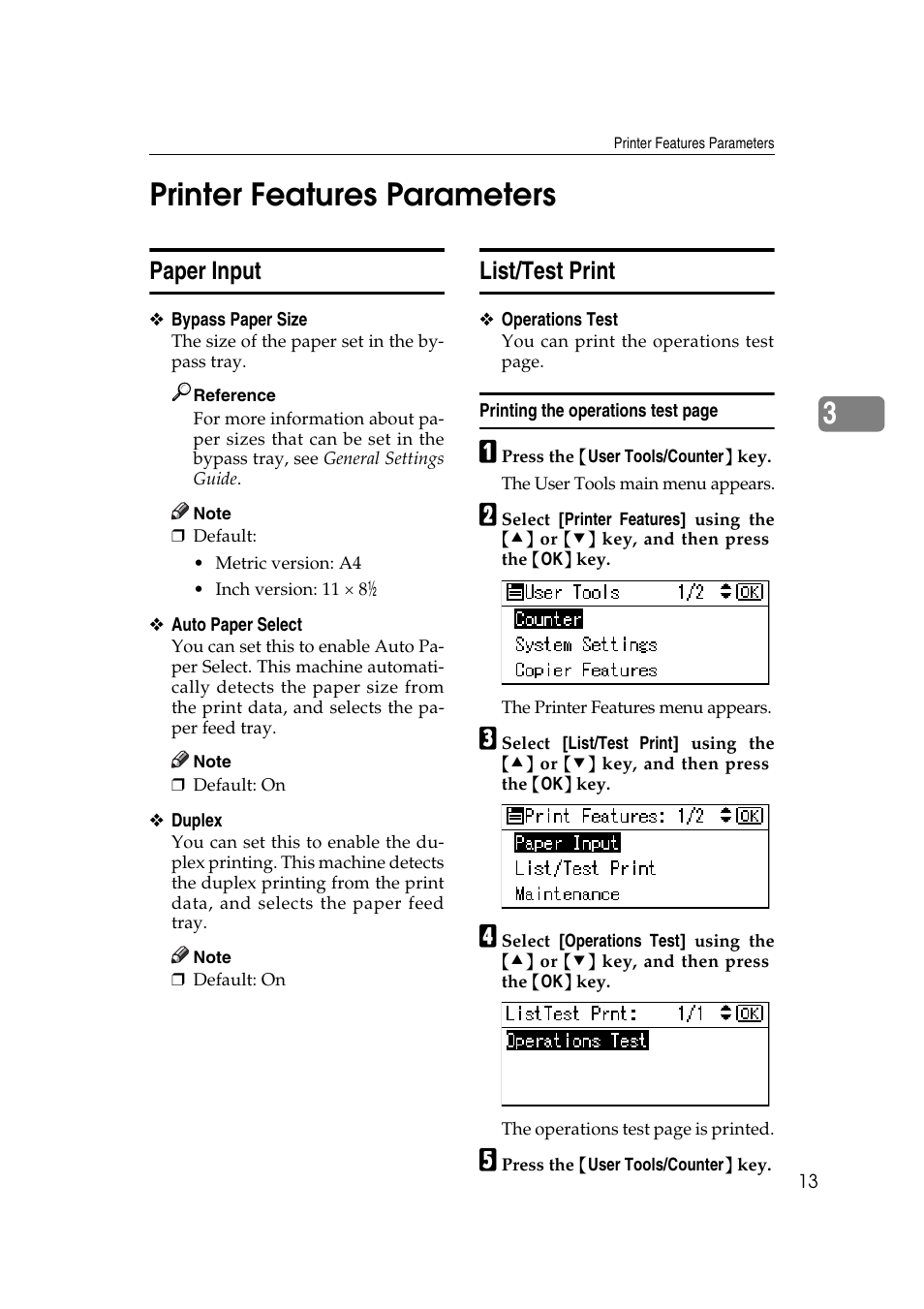 Printer features parameters, Paper input, List/test print | Paper input list/test print, See p.13 “paper input, See p.13 “list/test print, 3printer features parameters | Ricoh DDST A User Manual | Page 19 / 56