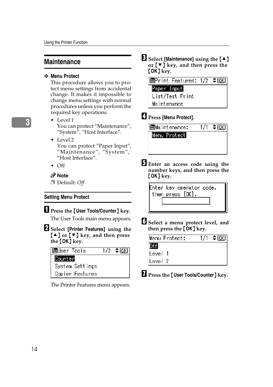 Maintenance, Setting menu protect, See p.14 “maintenance | Ricoh DDST A User Manual | Page 20 / 56