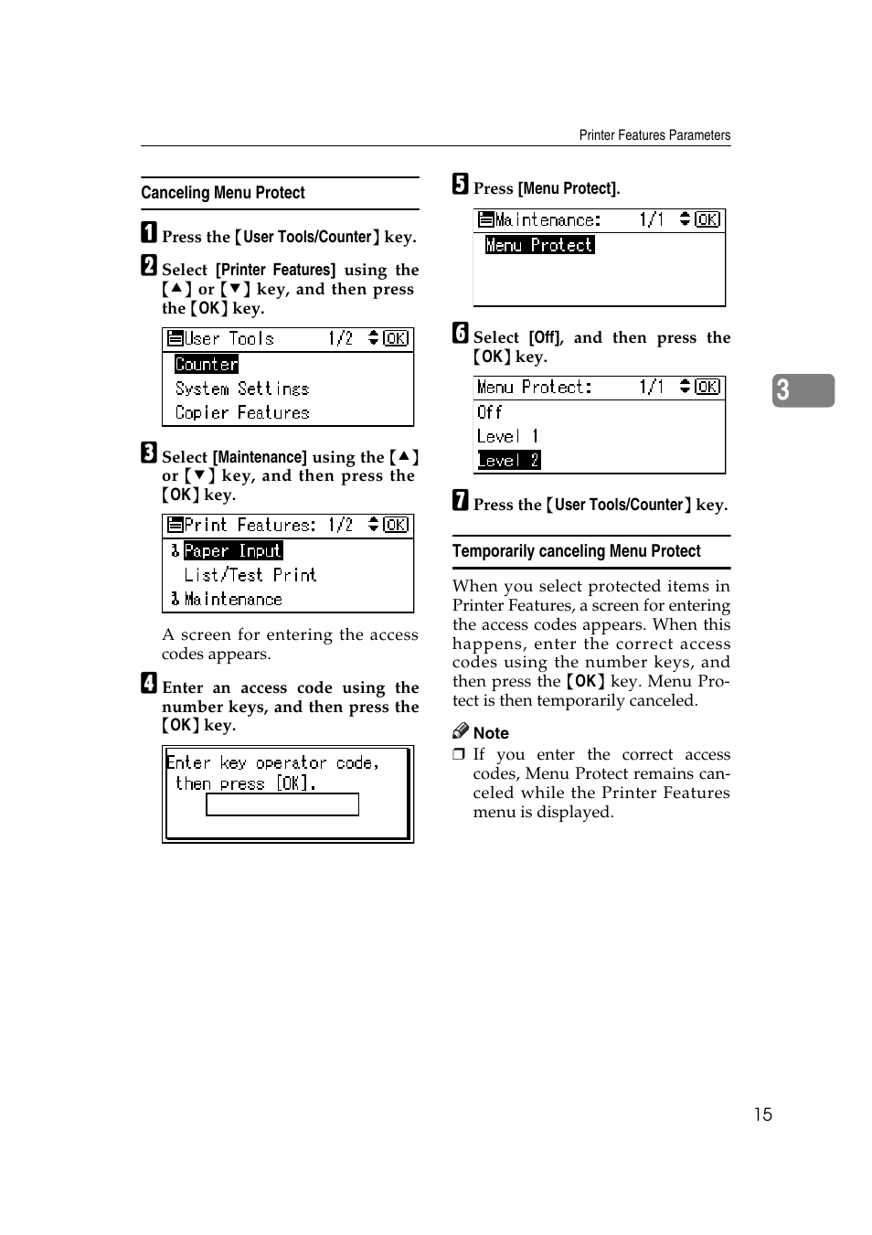 Canceling menu protect, Temporarily canceling menu protect | Ricoh DDST A User Manual | Page 21 / 56