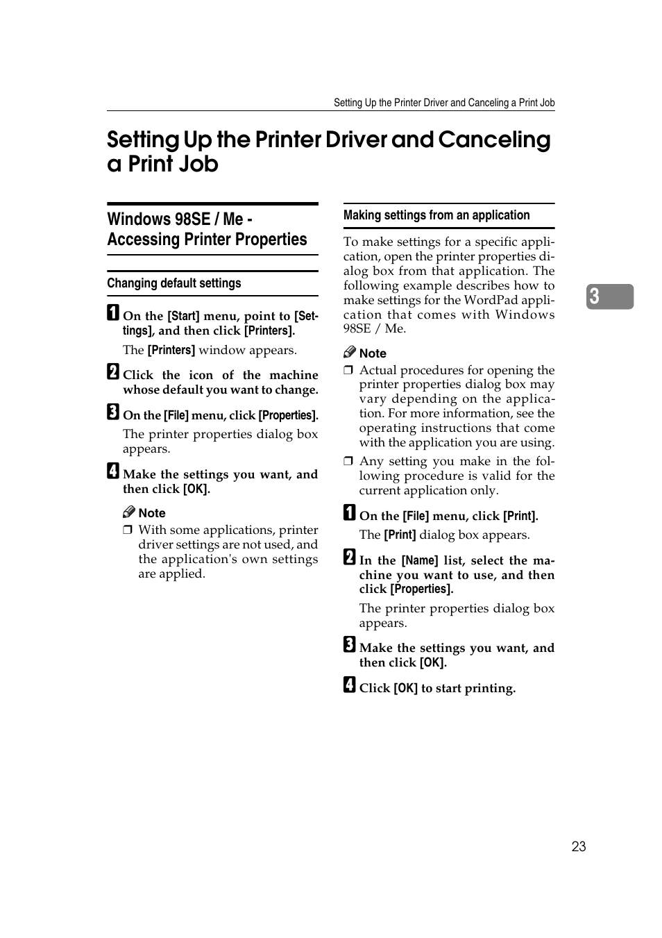 Windows 98se / me - accessing printer properties, Changing default settings, Making settings from an application | Ricoh DDST A User Manual | Page 29 / 56