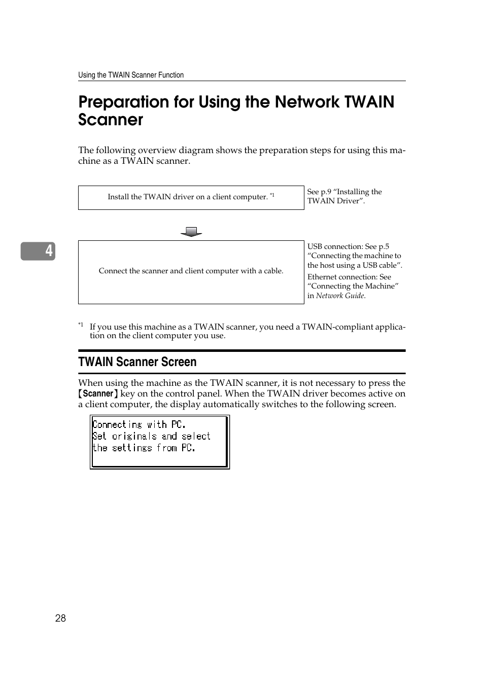 Preparation for using the network twain scanner, Twain scanner screen, 4preparation for using the network twain scanner | Ricoh DDST A User Manual | Page 34 / 56