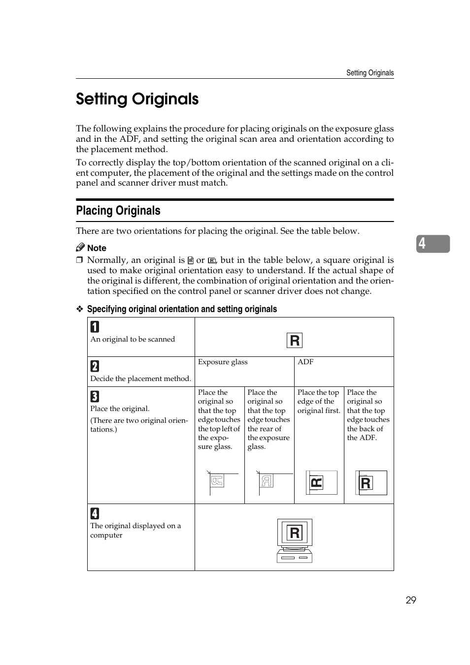 Setting originals, Placing originals, 4setting originals | Ricoh DDST A User Manual | Page 35 / 56