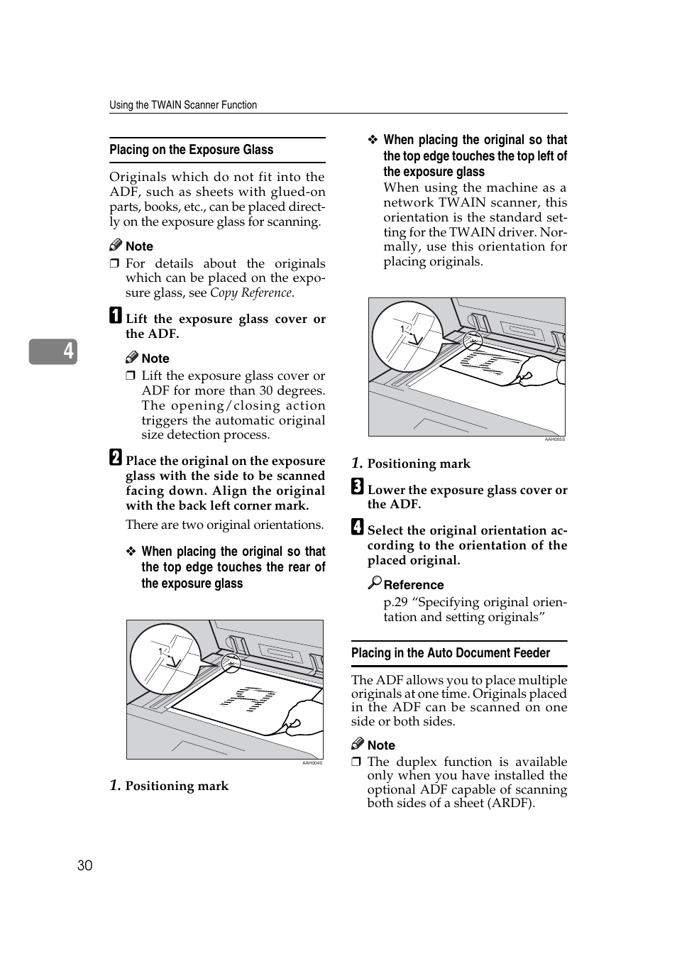 Placing on the exposure glass, Placing in the auto document feeder | Ricoh DDST A User Manual | Page 36 / 56