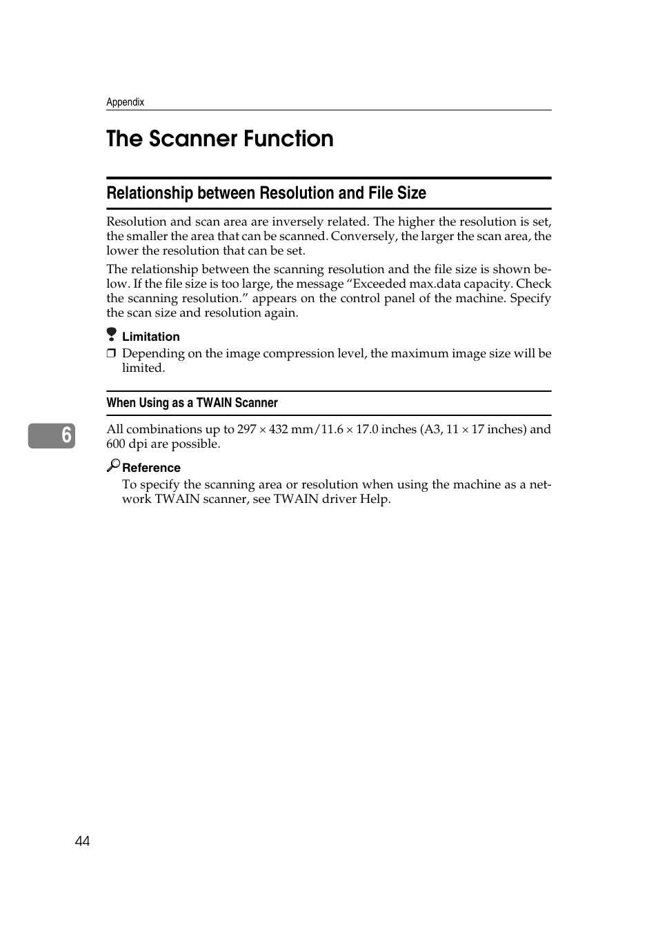 The scanner function, Relationship between resolution and file size, When using as a twain scanner | 6the scanner function | Ricoh DDST A User Manual | Page 50 / 56