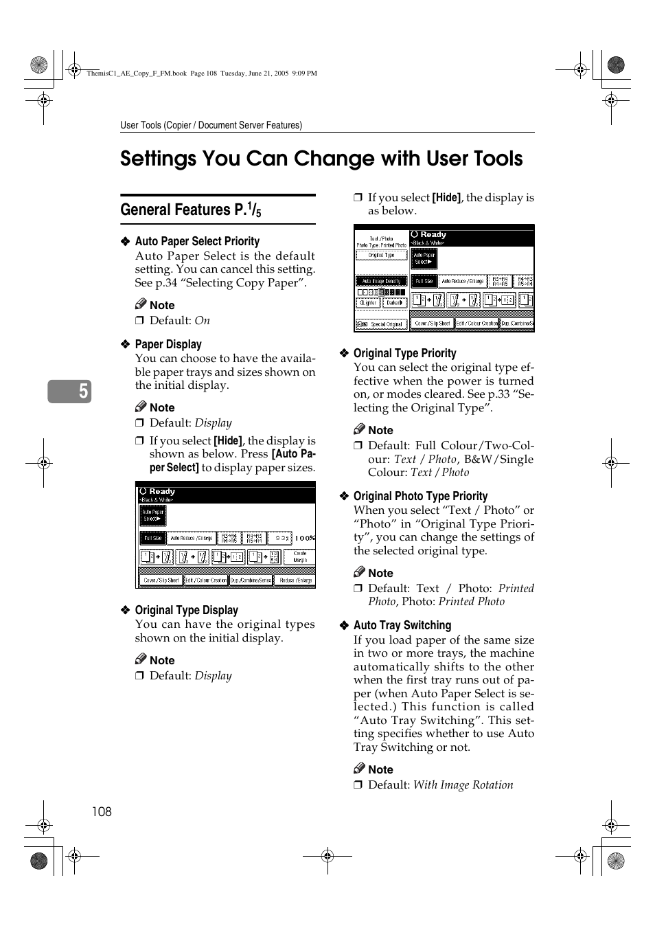 5settings you can change with user tools, General features p | Ricoh Aficio 3232C User Manual | Page 122 / 156