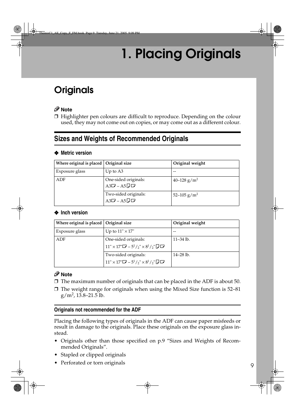 Placing originals, Originals, Sizes and weights of recommended originals | Ricoh Aficio 3232C User Manual | Page 23 / 156