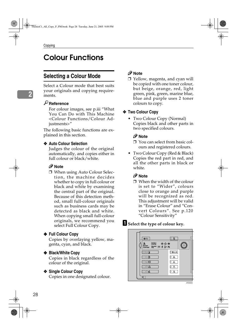 2colour functions, Selecting a colour mode | Ricoh Aficio 3232C User Manual | Page 42 / 156