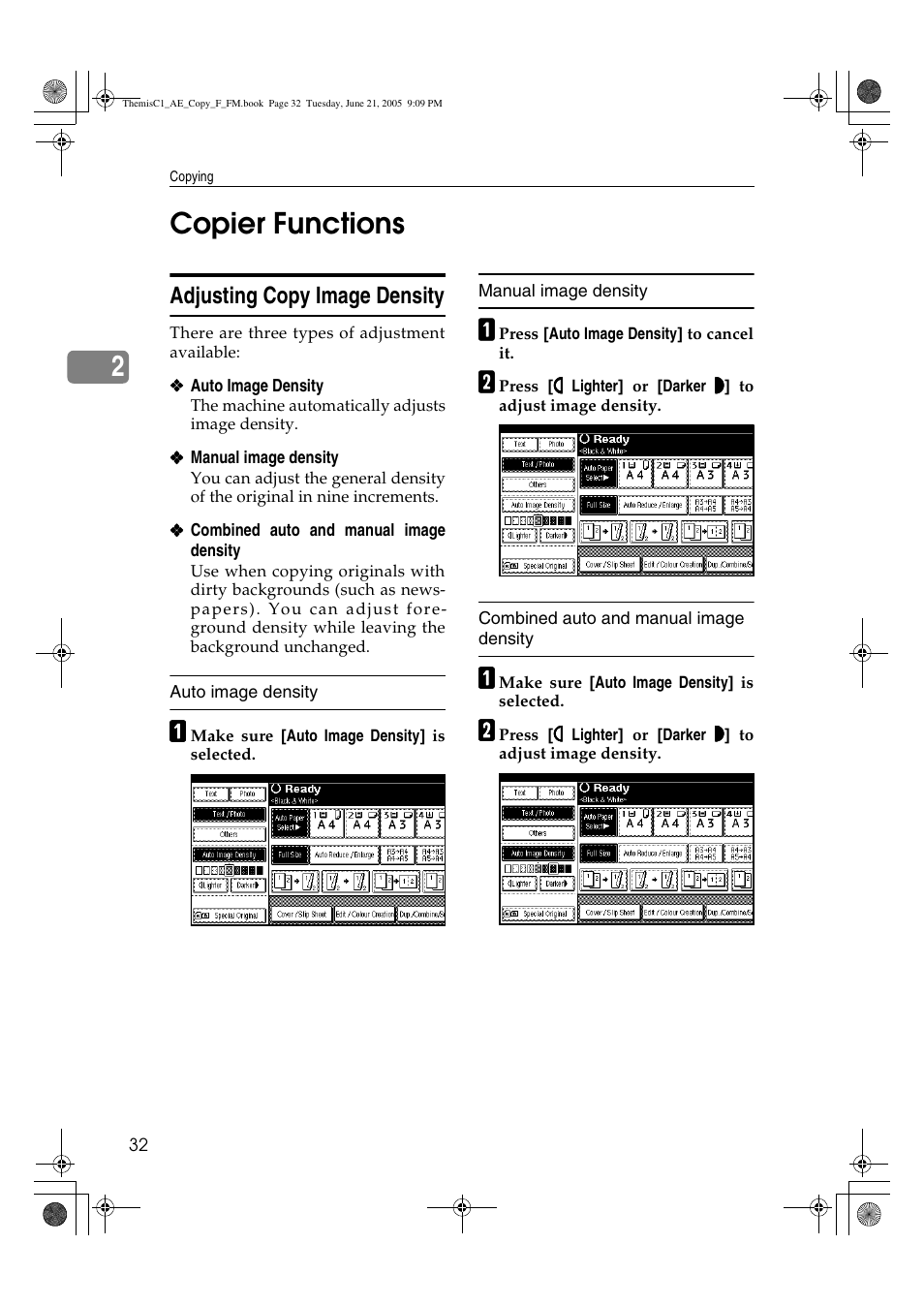 2copier functions, Adjusting copy image density | Ricoh Aficio 3232C User Manual | Page 46 / 156